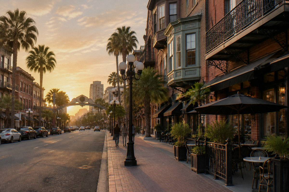 Fifth Avenue in the Gaslamp Quarter at golden hour, with Victorian brick buildings, iron balconies and an arch spanning the street in the distance.