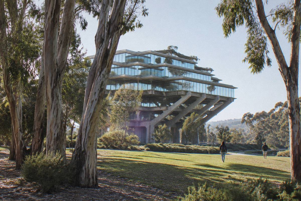 The concrete and glass tiers of Geisel Library at UC San Diego rising above a eucalyptus-shaded lawn.