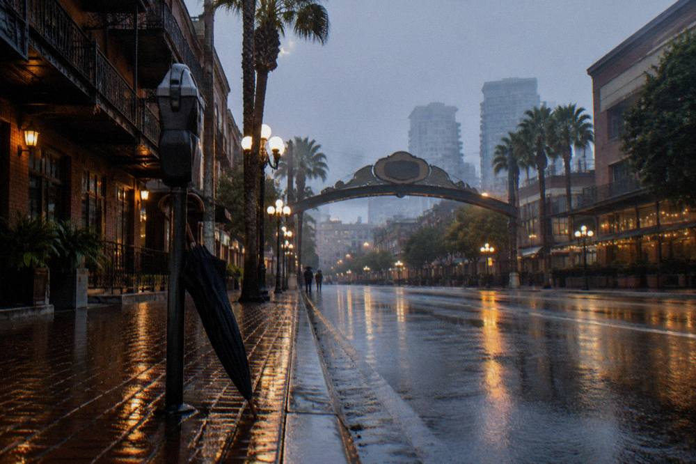 The Gaslamp Quarter Arch sign above a downtown street at dusk