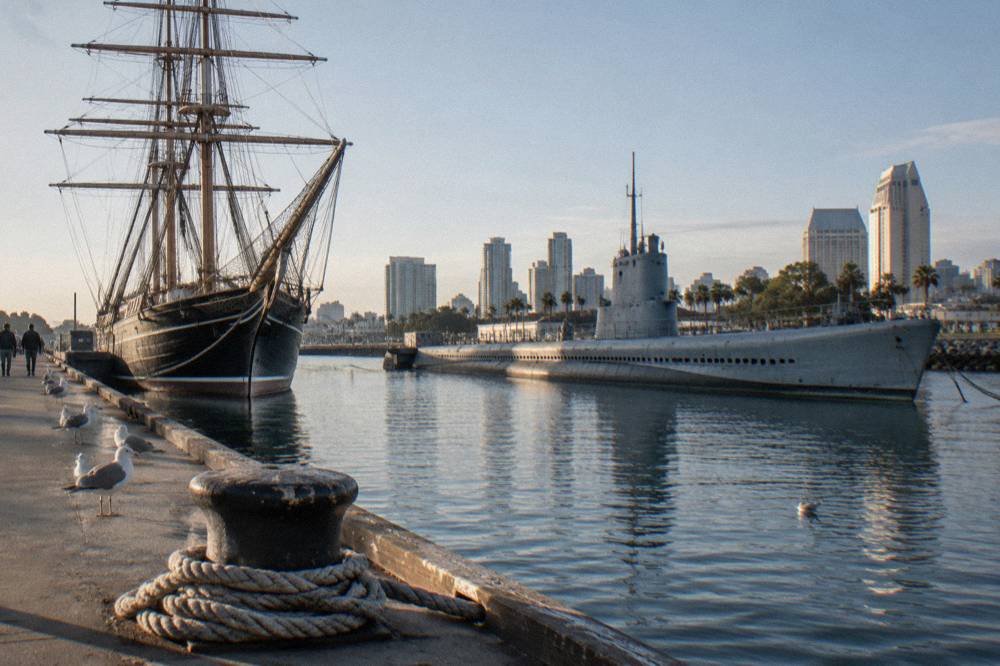 A historic sailing ship and a grey museum ship moored along the downtown waterfront