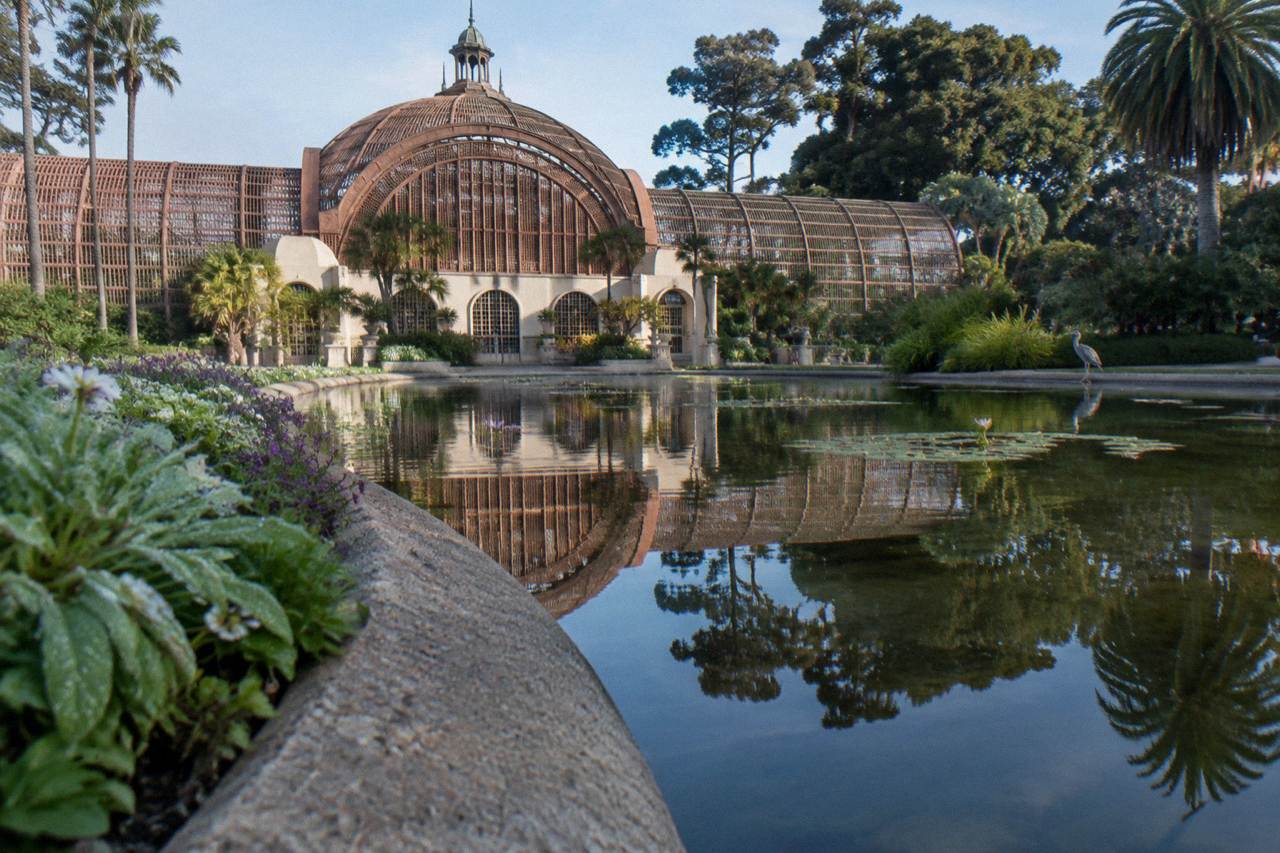 The Botanical Building at Balboa Park with its exterior gardens in morning light
