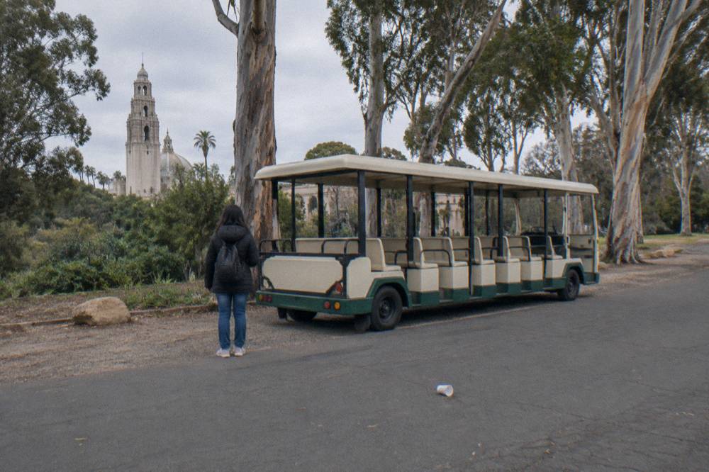An open tram parked beside a tree-lined lot in daylight
