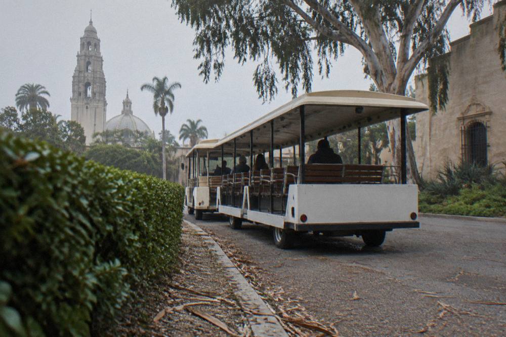 Open-sided park tram stopped on a tree-lined boulevard with gardens behind it