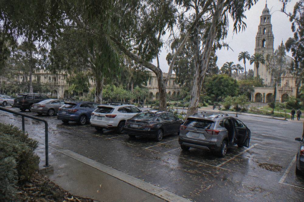 Row of parked cars in a tree-lined park lot beside a small payment sign