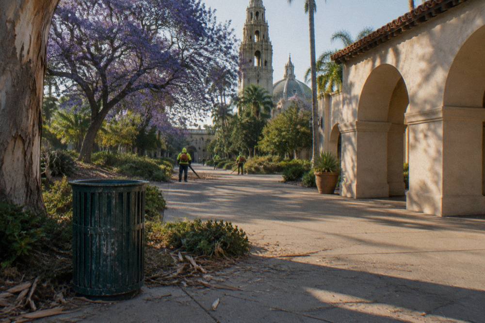 Tree-lined walkway and historic building facades in Balboa Park