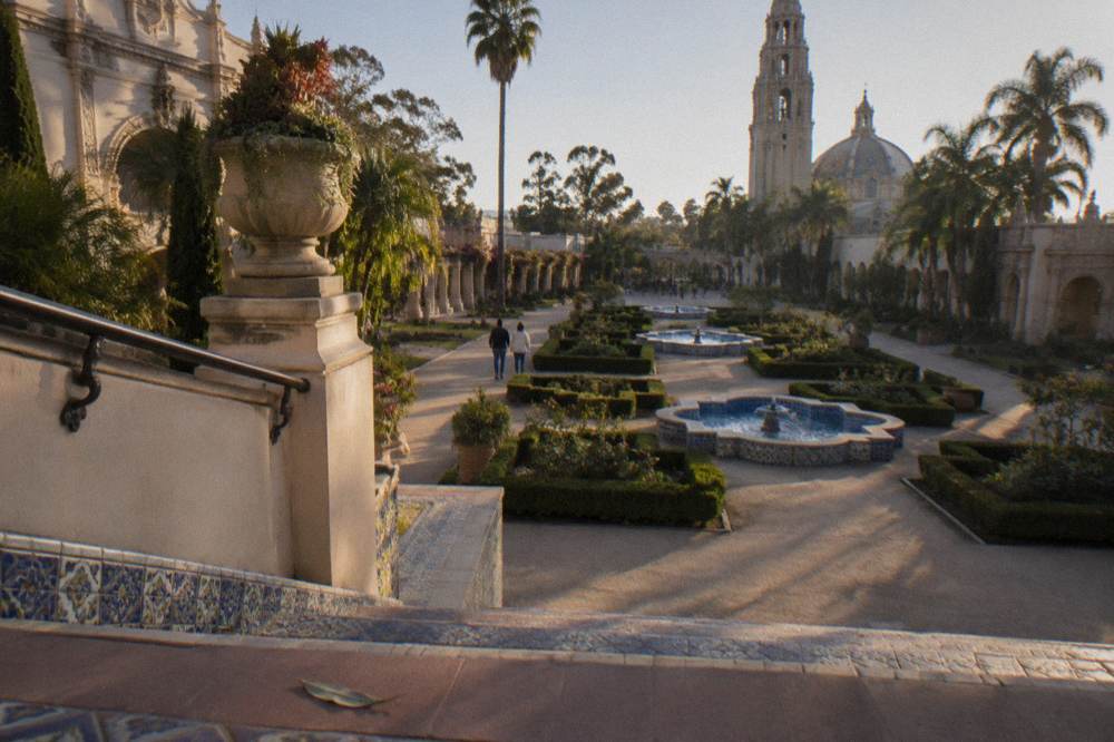 Balboa Park gardens and walkways in late afternoon light