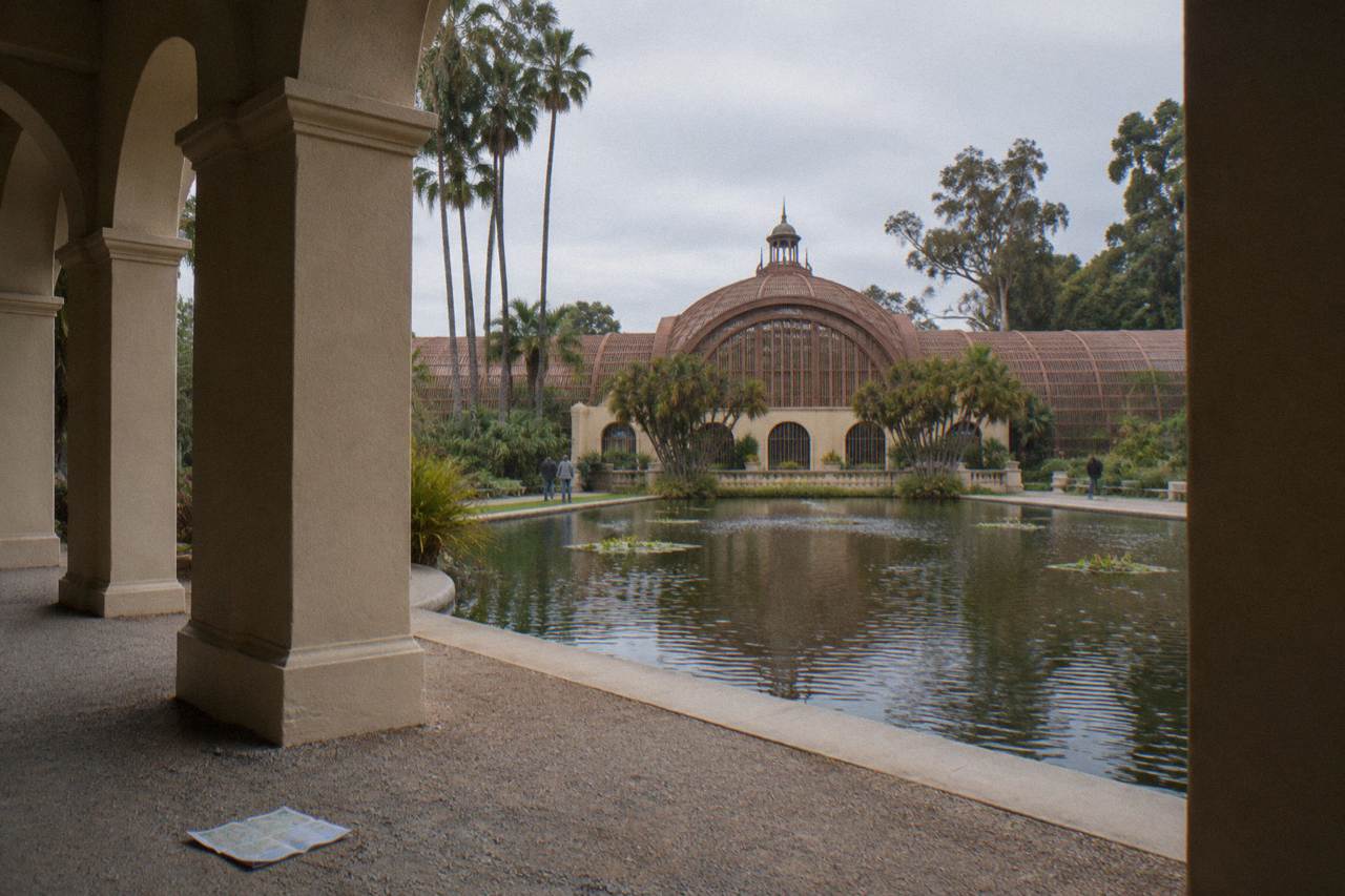 The Botanical Building lath structure beside its reflecting pool in Balboa Park