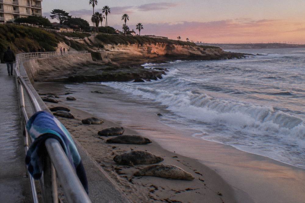 A rocky shoreline at dusk with waves breaking near a stone seawall