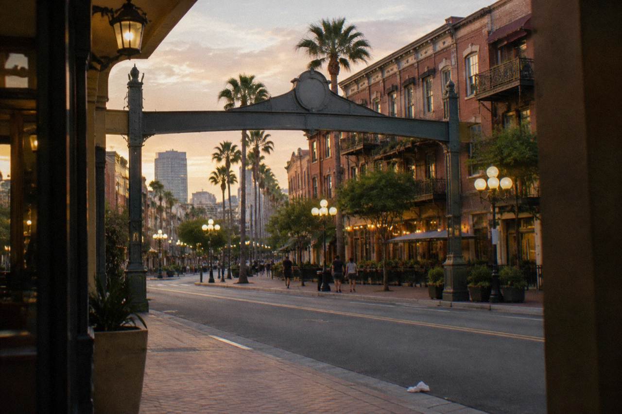 the Gaslamp Quarter arch sign spanning Fifth Avenue in the evening