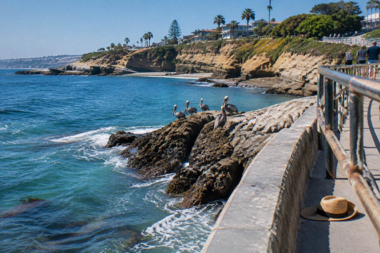 A small curved cove with clear blue water below rocky cliffs and a coastal walkway