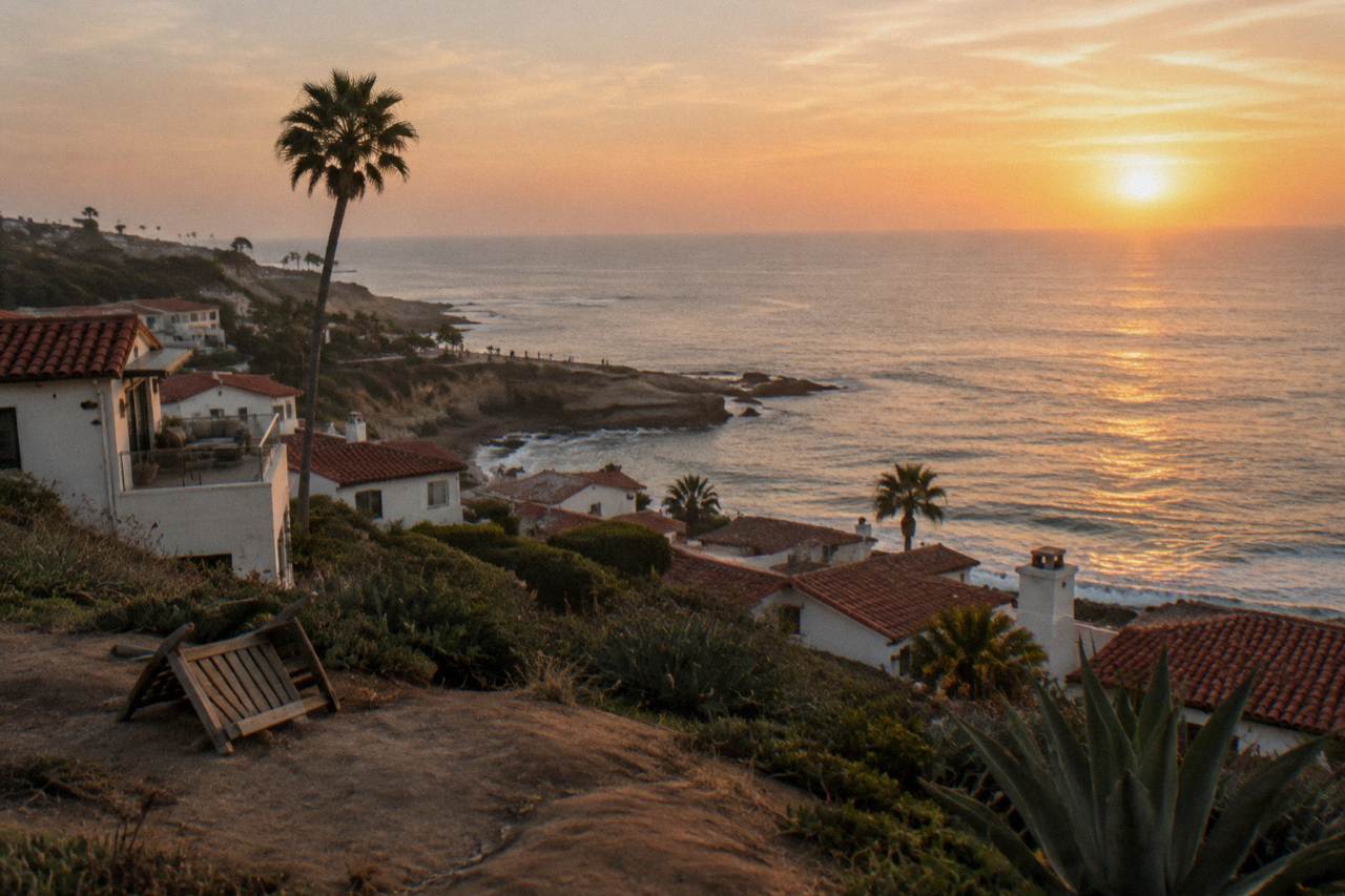 Coastline and village rooftops in La Jolla with the Pacific Ocean stretching to the horizon