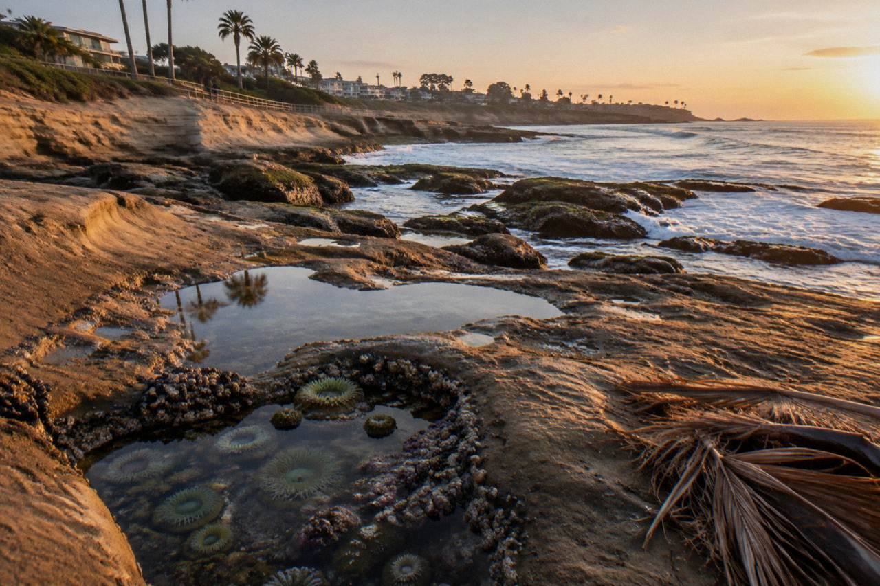 Exposed rocky tide pools on the La Jolla shoreline at low tide