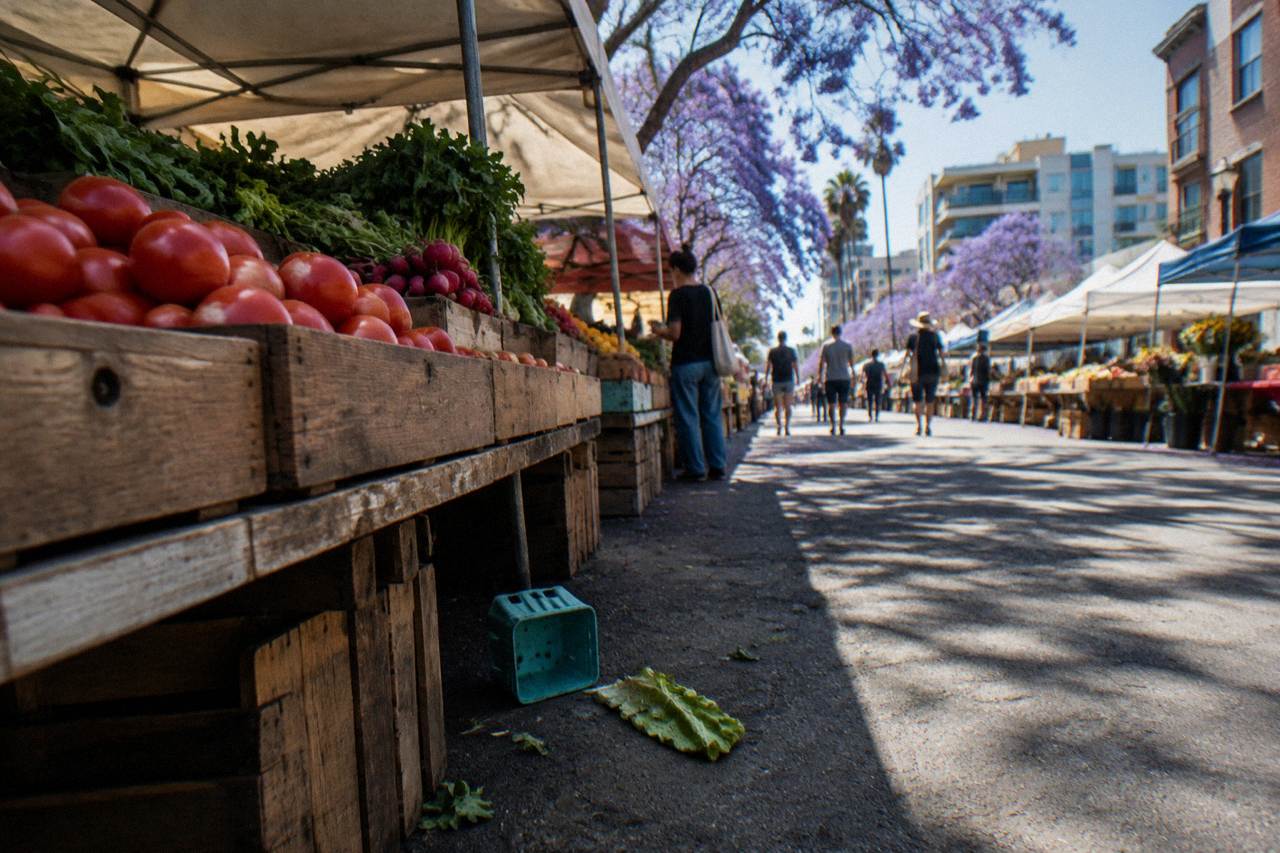 Farmers market stalls with produce crates and awnings along a San Diego street