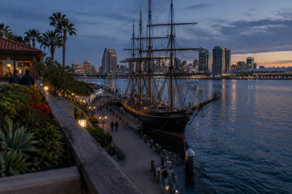 Downtown San Diego waterfront with tall ships moored along the bay