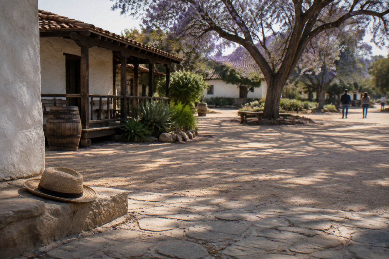Historic adobe and wooden buildings around a quiet plaza in Old Town San Diego