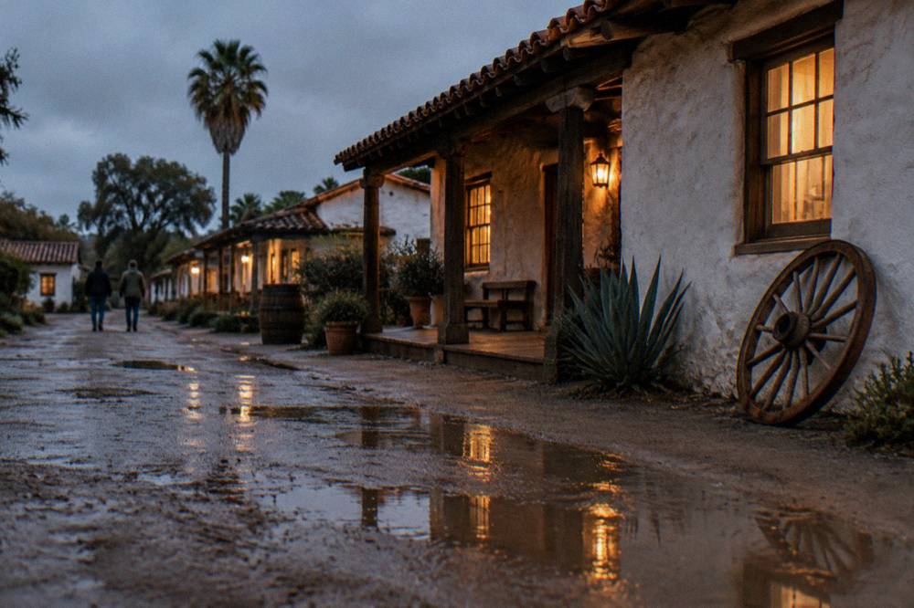 Historic wooden and adobe buildings along an Old Town San Diego street