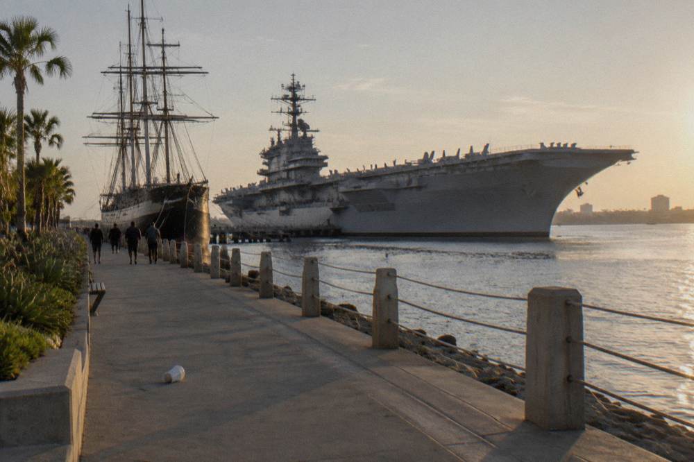 San Diego harbor waterfront with ships moored along the embarcadero