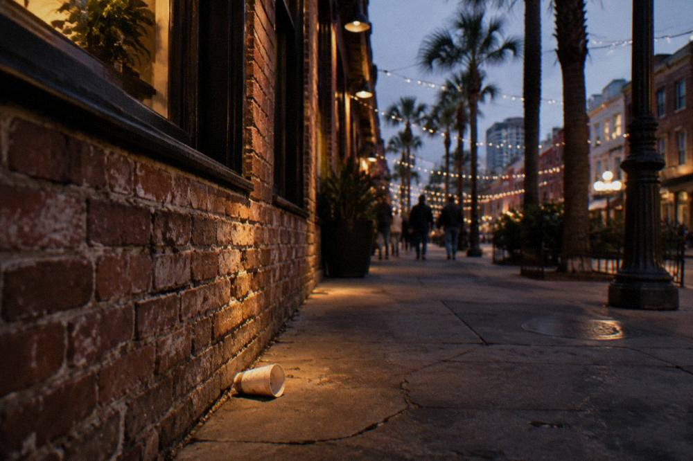 Historic brick storefronts and lit signs along a Gaslamp Quarter street in the evening