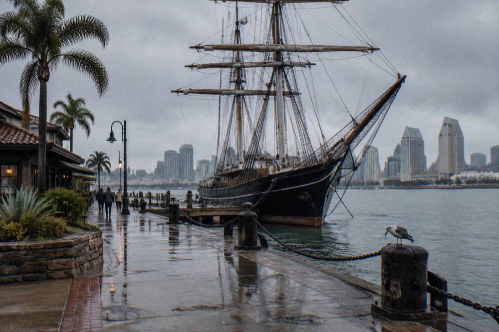 Historic tall ship moored along the Embarcadero in San Diego
