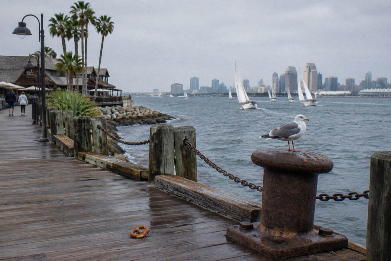 Sailboats on San Diego Bay seen from the Seaport Village boardwalk