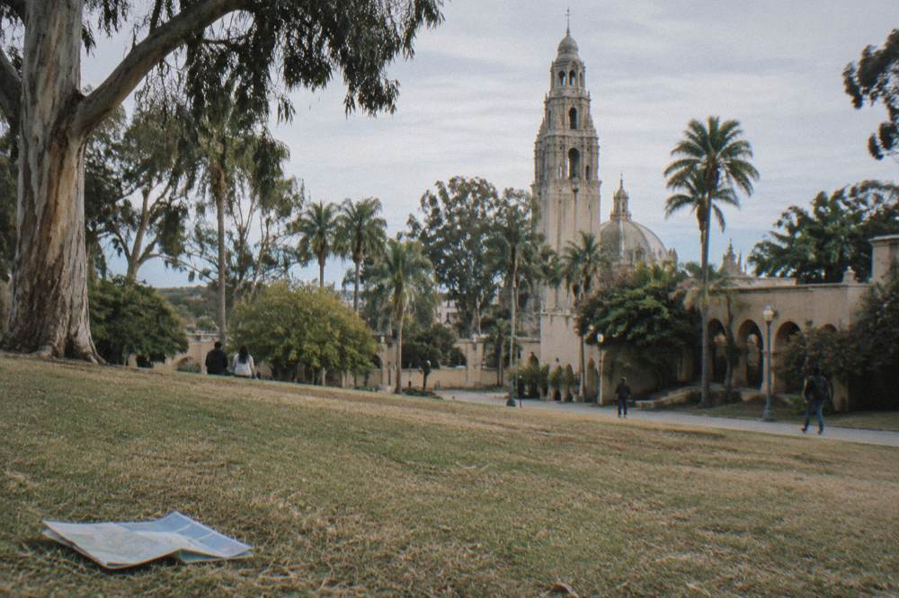 An open lawn in Balboa Park with gardens and a museum tower in the background