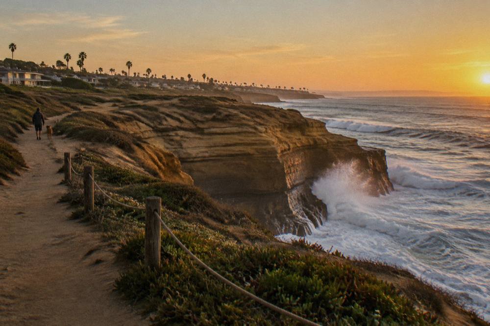 Ocean waves breaking against sandstone cliffs along the Sunset Cliffs shoreline at golden hour