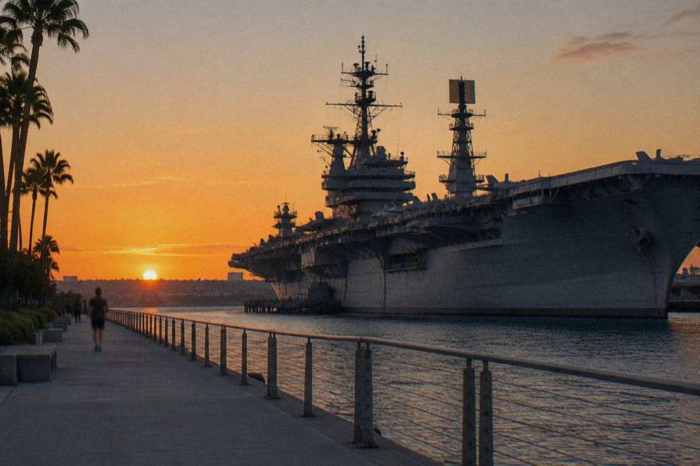 The USS Midway aircraft carrier moored at the San Diego Embarcadero with the bay behind it