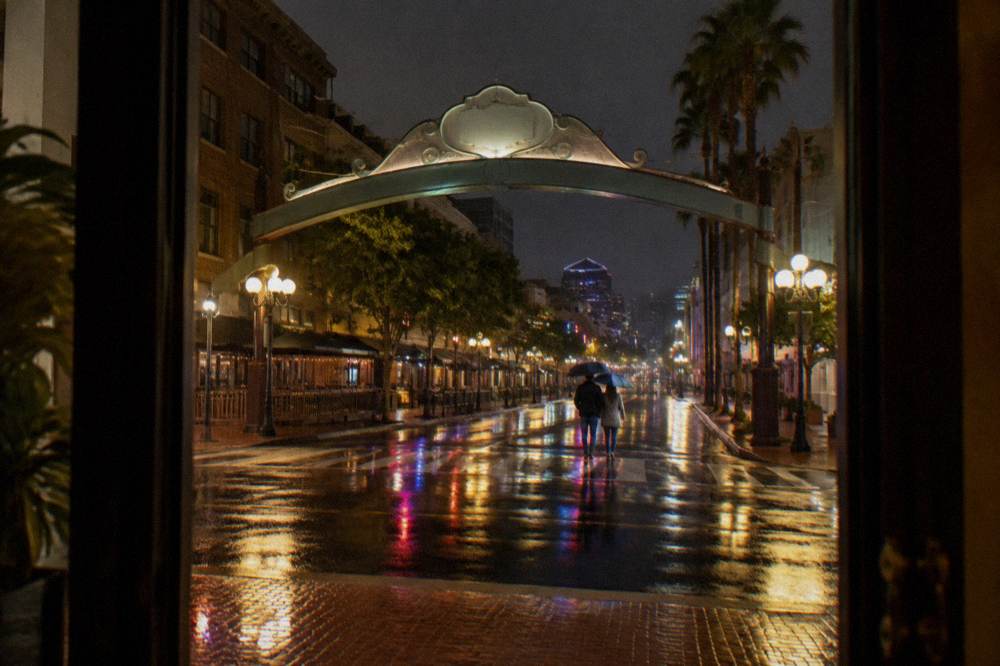The Gaslamp Quarter Arch sign over Fifth Avenue in downtown San Diego