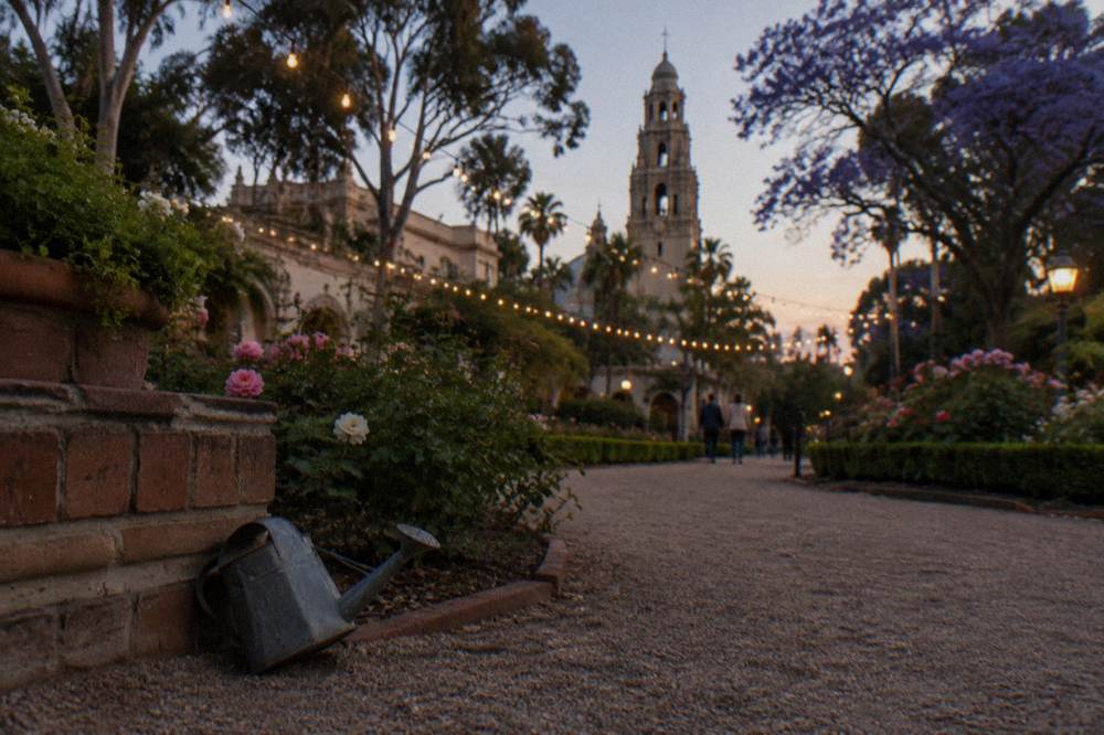 Festival string lights over a Balboa Park garden walkway at dusk