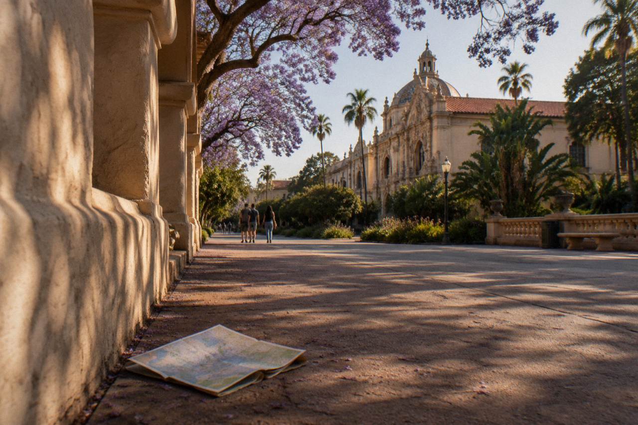 Gardens and ornate museum buildings along a Balboa Park walkway in warm afternoon light