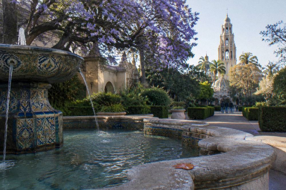 Garden courtyard with fountain and museum towers in the distance