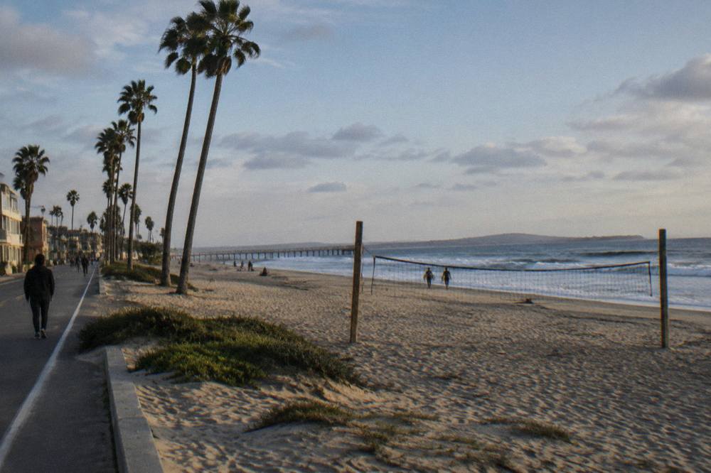 Long stretch of sand with rolling surf and palm trees along a beachfront road