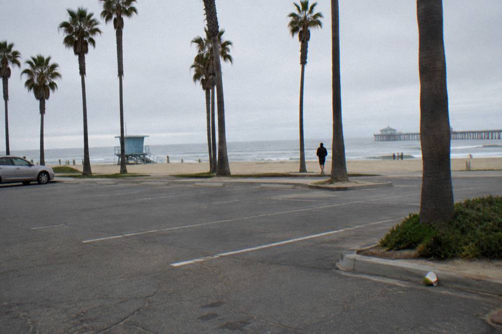 Beachfront parking lot with palm trees and ocean beyond