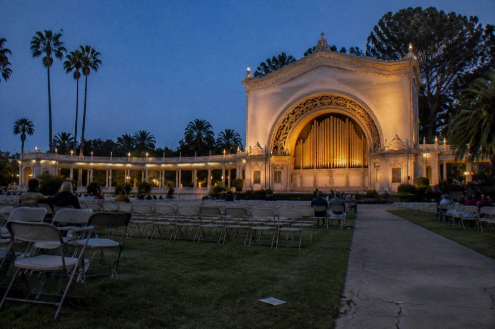 The Spreckels Organ Pavilion band shell in Balboa Park seen from its open seating area