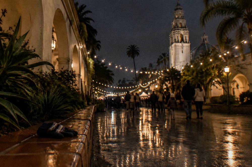 Strings of festival lights above a walkway in Balboa Park at night