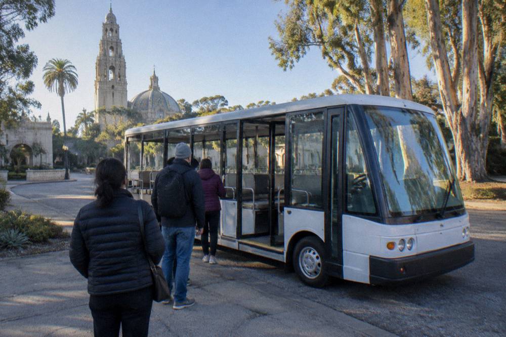 A Balboa Park parking lot with the free tram loading area at Inspiration Point