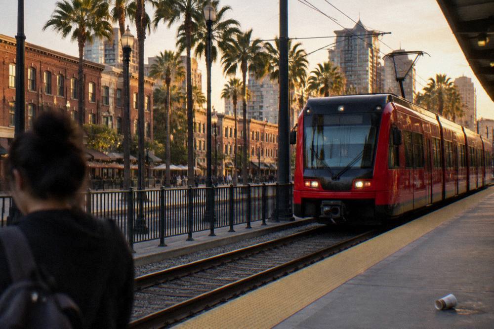 A red trolley car at a downtown station platform with palm trees and buildings behind it