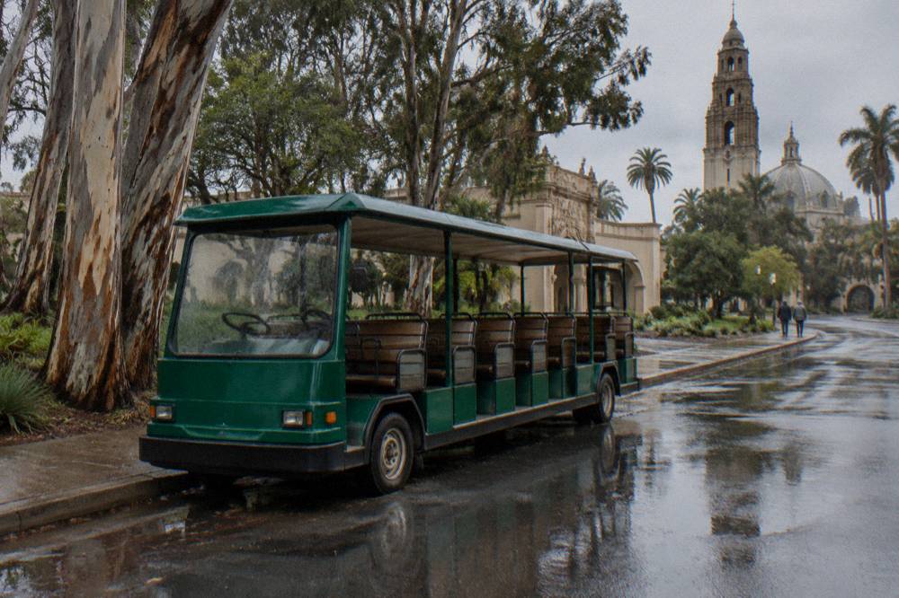 Open-sided park tram stopped on a tree-lined road