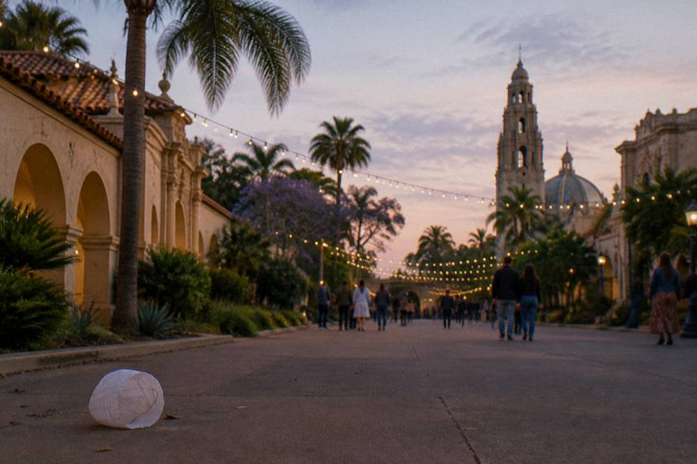 Festival lights and crowds filling a Balboa Park promenade at dusk