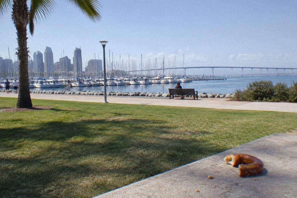 Waterfront promenade in San Diego with boats in the bay and city buildings beyond
