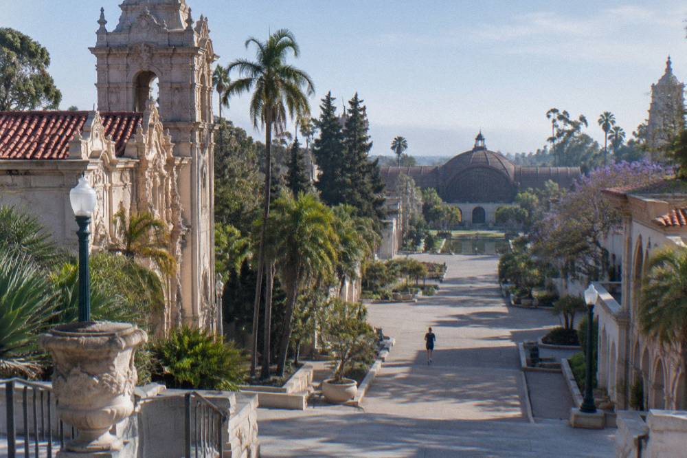 Museum buildings along a tree-lined promenade in Balboa Park