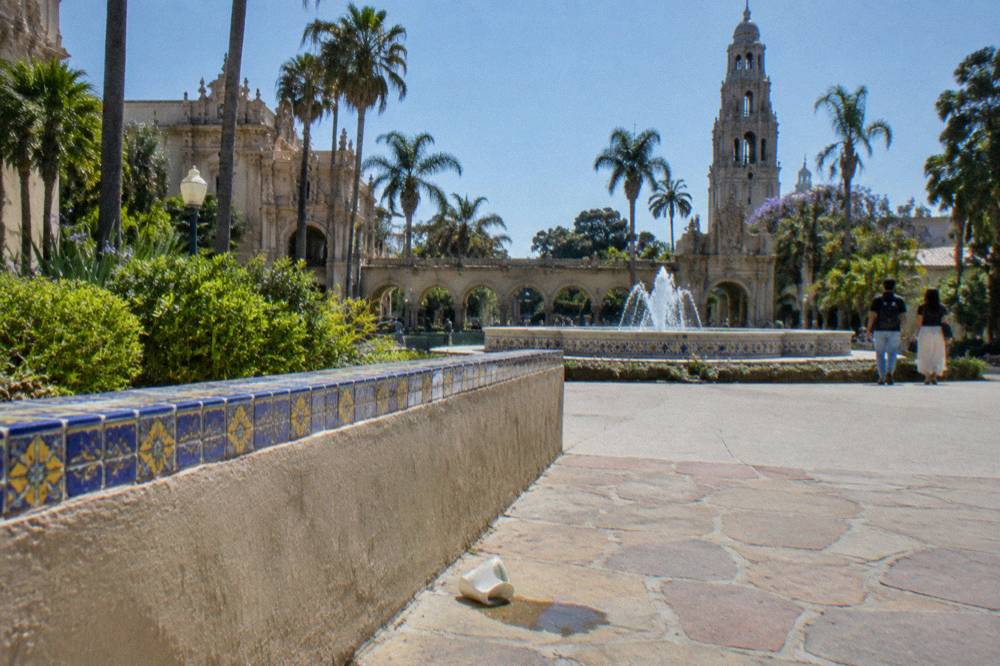 Plaza with a fountain and Spanish-style buildings in Balboa Park