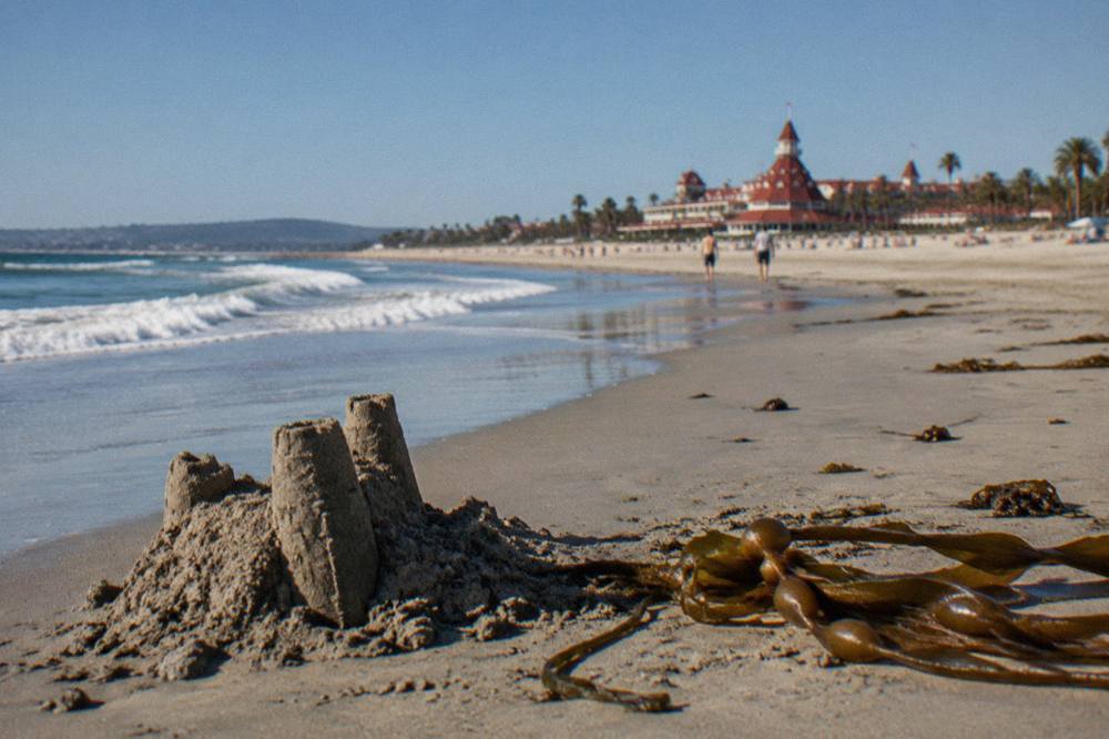 Wide sandy beach with gentle surf along a curving shoreline under a clear sky