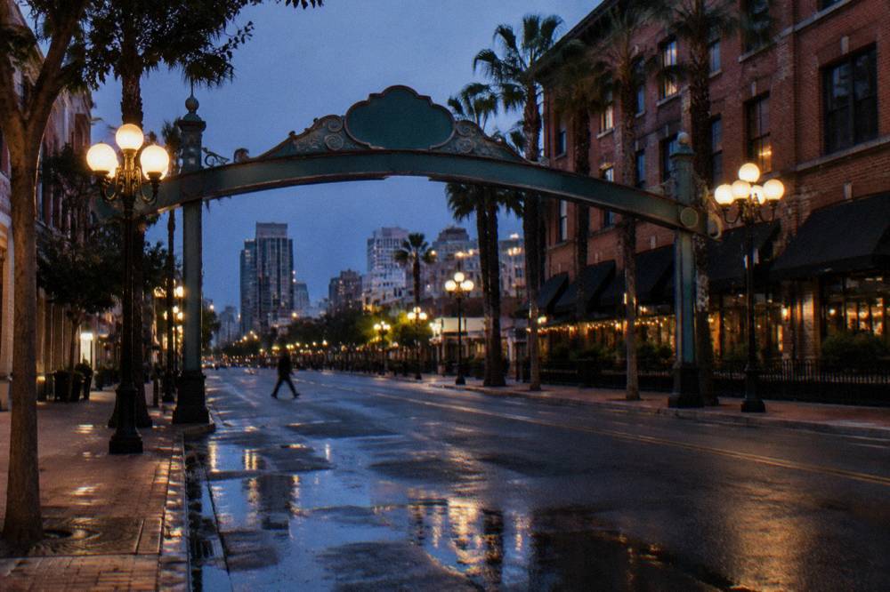 The Gaslamp Quarter Arch sign over Fifth Avenue