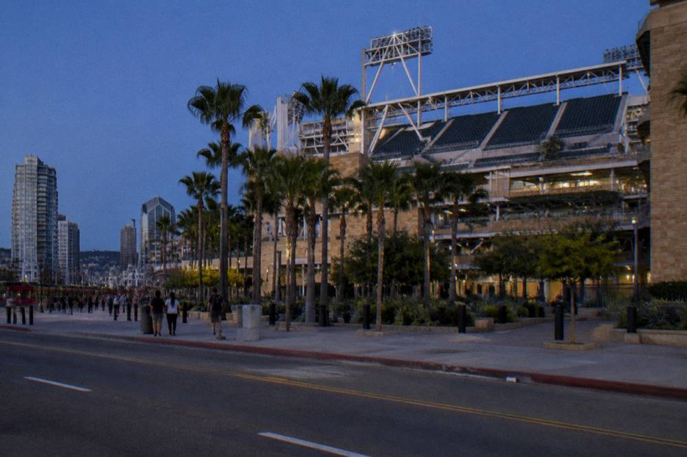 Petco Park ballpark seen from a surrounding public street