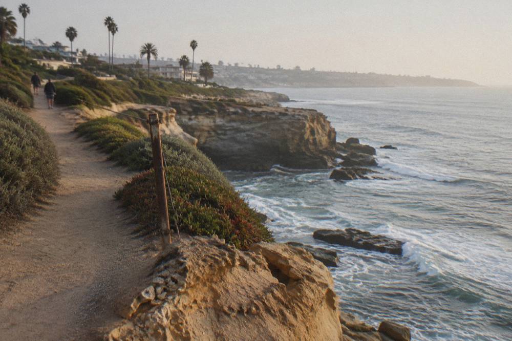 A narrow footpath along a clifftop above the ocean
