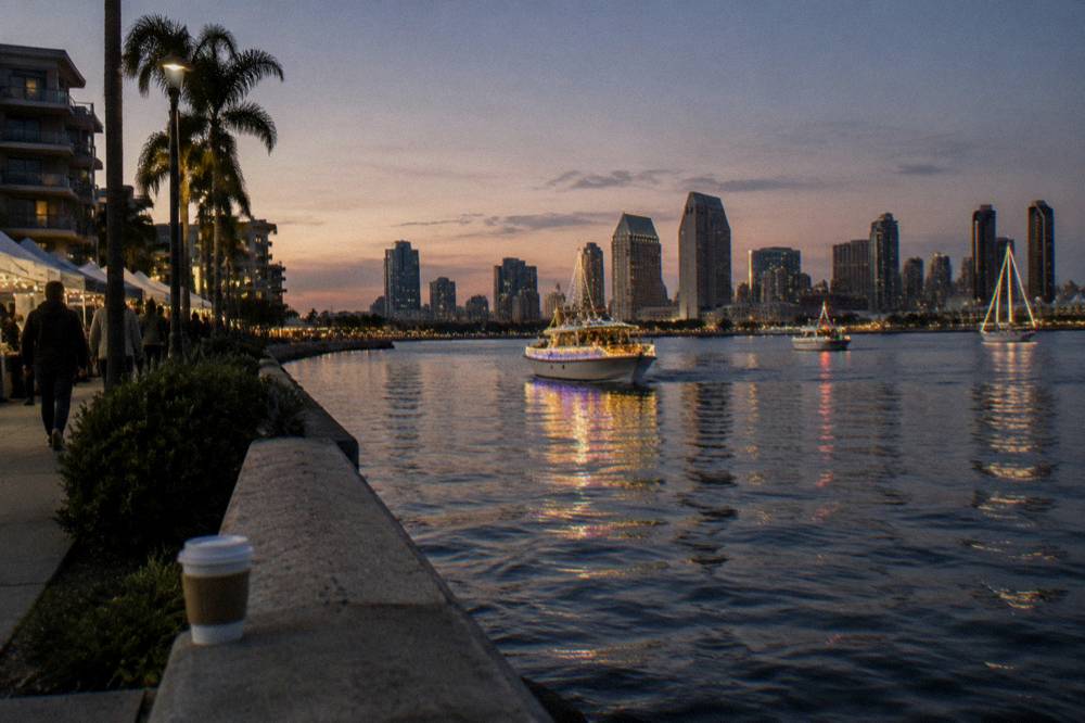 A bay at dusk with decorated boats and city lights reflected on the water