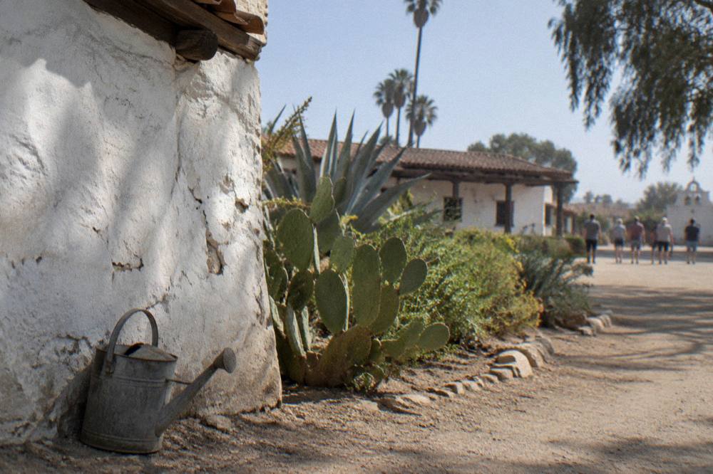 Old Town San Diego plaza garden with cactus and historic walls