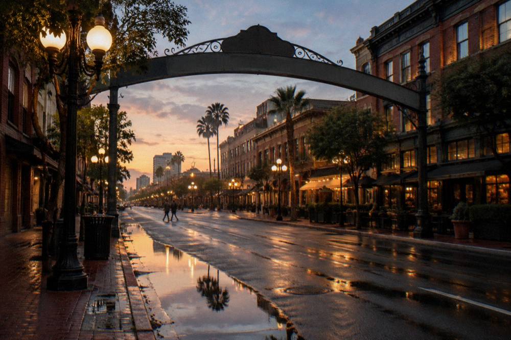 The Gaslamp Quarter arch sign over Fifth Avenue with historic building facades lit in the evening