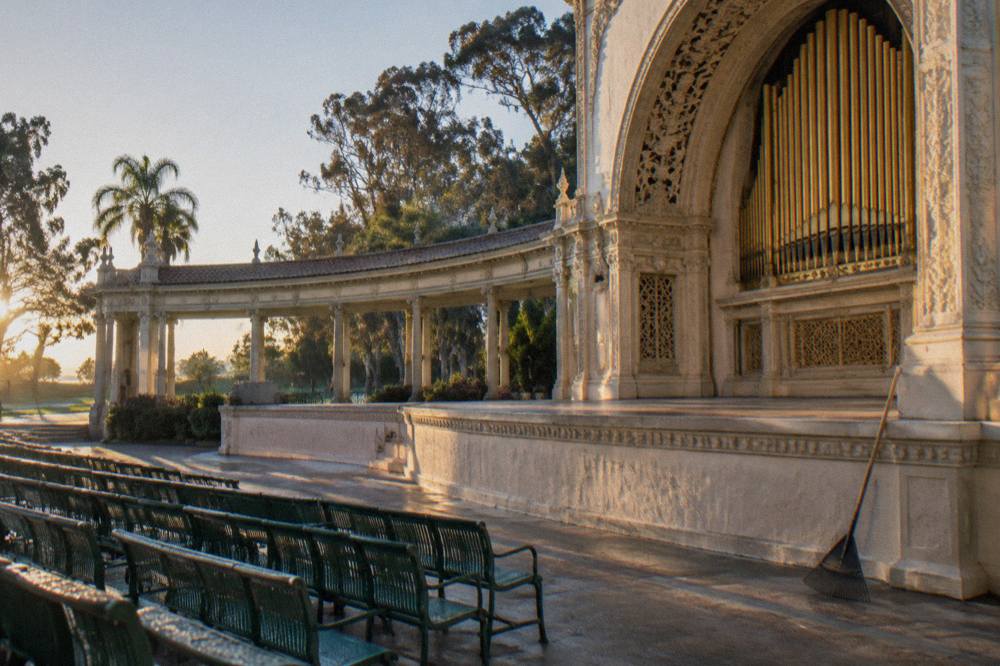 The Spreckels Organ Pavilion stage beneath its open arched colonnade